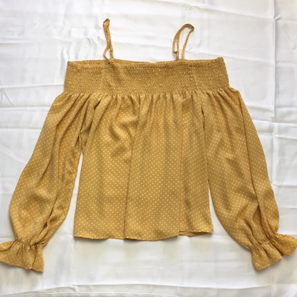 Yellow polka dots off the shoulder long sleeve top
